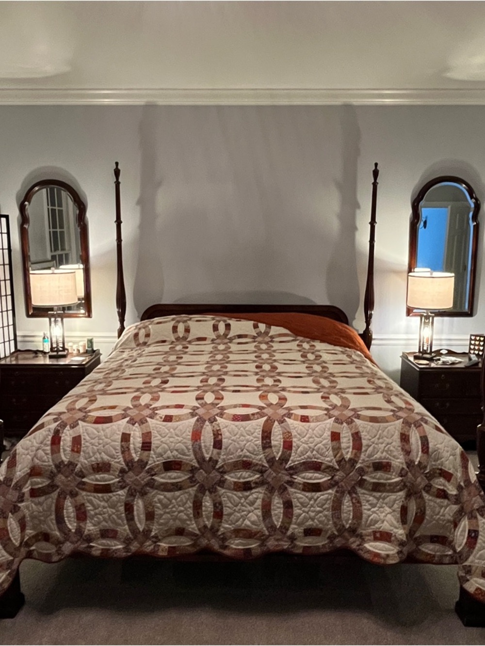 Handcrafted Double Ring Quilt in Cream, Burnt Orange and Browns ~ Oversize King